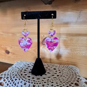 Pink Heart Drop Earrings Polymer Clay Hearts Dangling From Gold Plated Wires